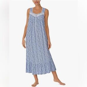 Eileen West EcoVero Rayon Sleeveless Floral Print Long Nightgown Navy/ White XS